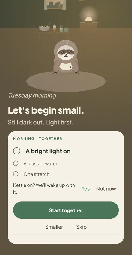 Moss app screen for United Kingdom: Still dark out. Light first. The light comes on before anything else is asked.