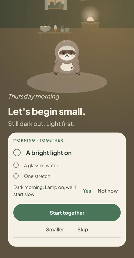 Moss app screen for Sweden: Still dark, so the light comes first, then the stretch.