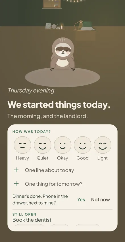 Moss app screen for United States: The evening in the app: what happened today, one line about it, and one thing for tomorrow.